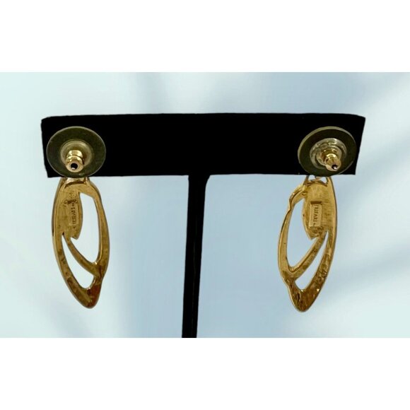 Vintage Jewelry Trifari Earrings Gold Plated Black Enamel Pierced Approx 2" Long - Picture 4 of 5